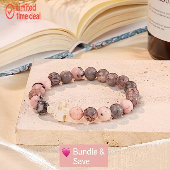 Natural Stone Cross Bead Bracelet, Stretch Fit, Christian Gift - Picture 4 of 8